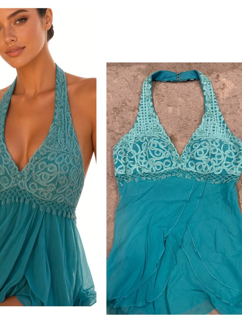 Sue Wong 100% Silk Y2K Turquoise Teal Crochet Flowy Top Fairy Art Deco Halter 1